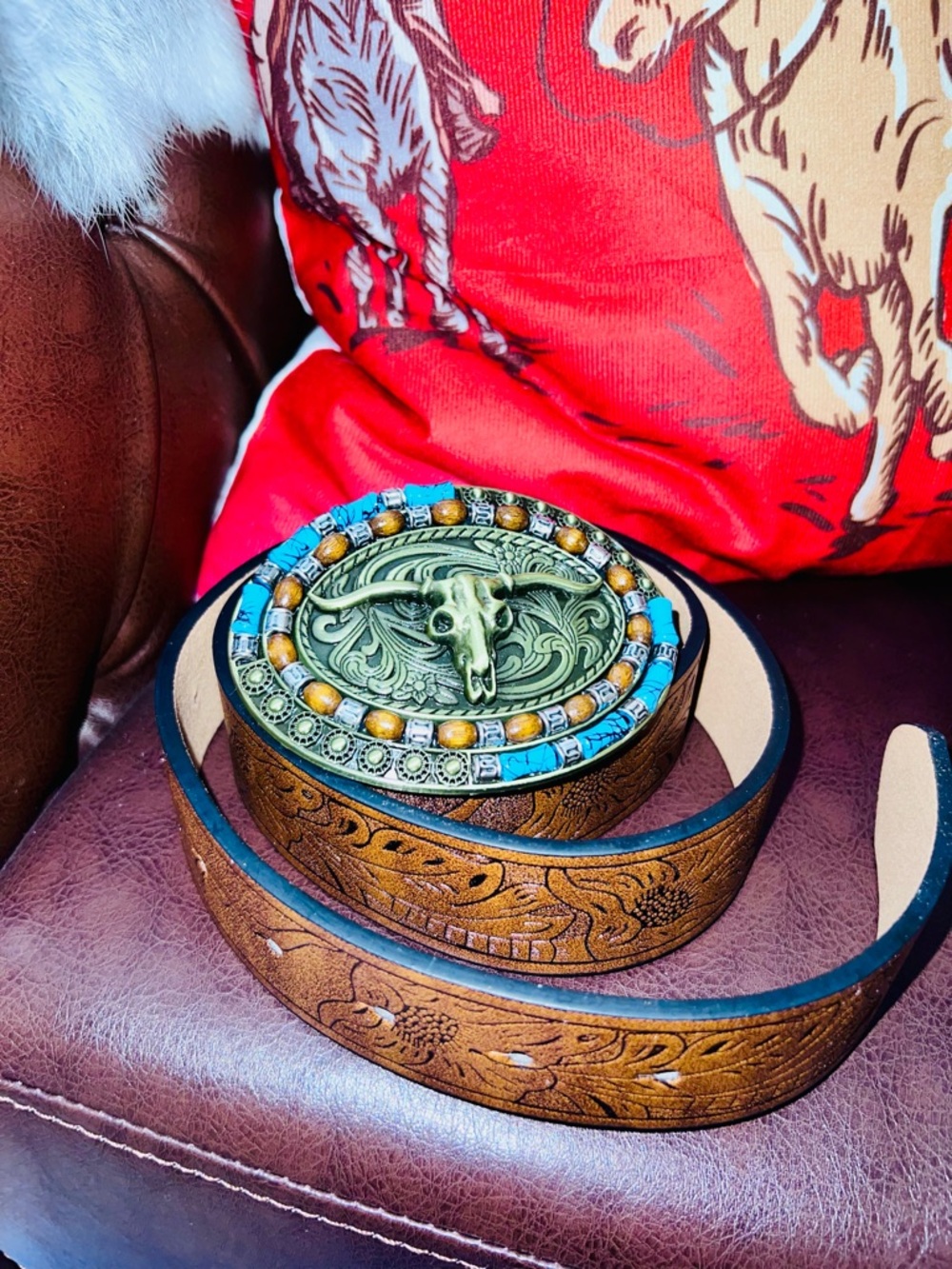 Western Tooled Leather Belt with Ornate Turquoise & Brass Buckle